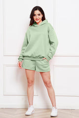 Drop Shoulder Long Sleeve Hoodie and Shorts Set - Flyclothing LLC