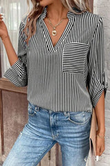 Striped Notched Roll-Tab Sleeve Shirt - Flyclothing LLC