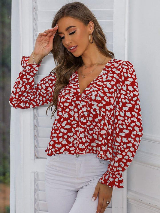 Printed V-Neck Flounce Sleeve Blouse - Flyclothing LLC