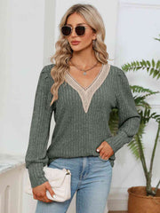 Lace Detail V-Neck Ribbed Blouse - Flyclothing LLC