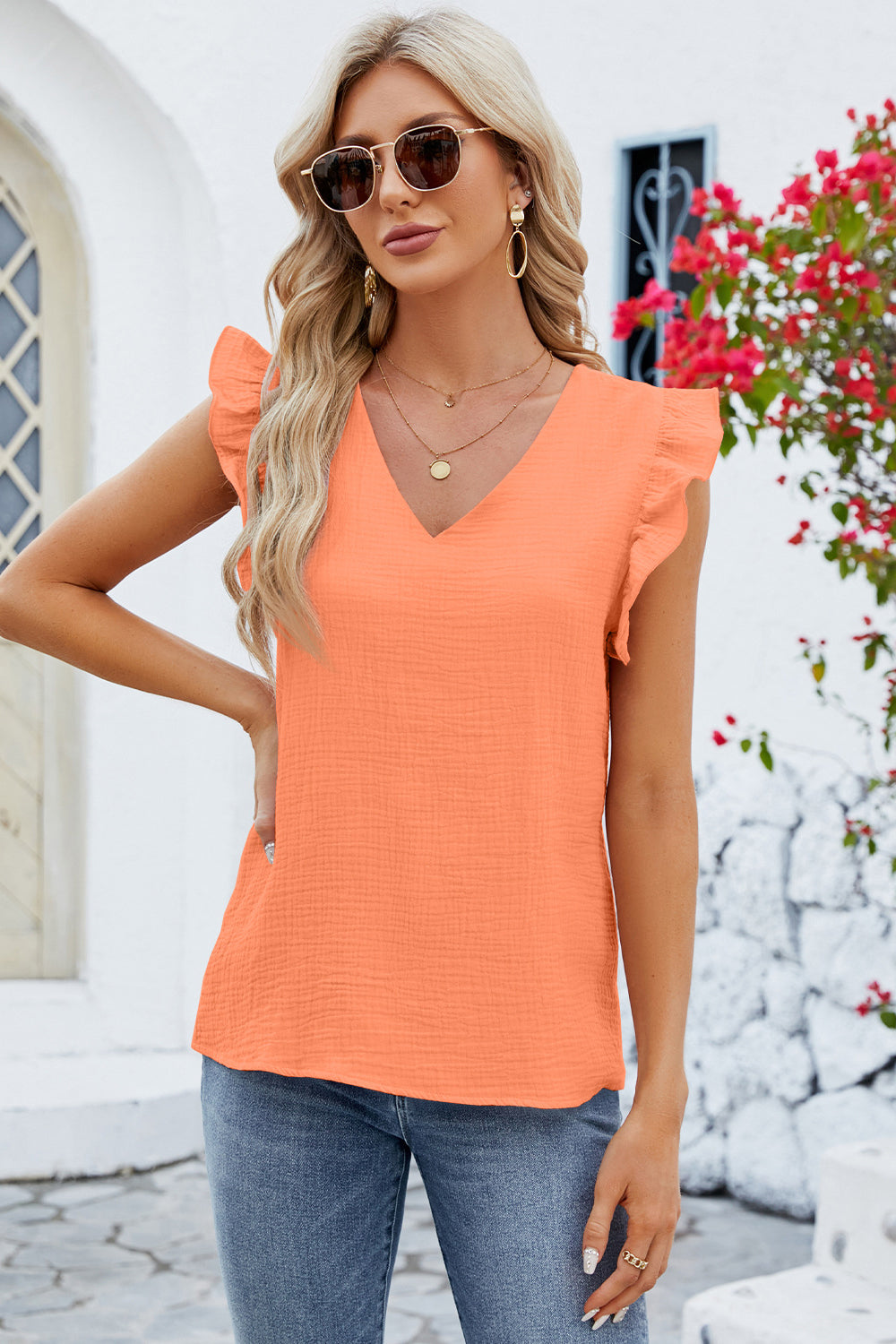 Ruffled V-Neck Cap Sleeve Blouse - Flyclothing LLC