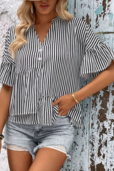 Striped Asymmetrical Flounce Sleeve Blouse - Flyclothing LLC