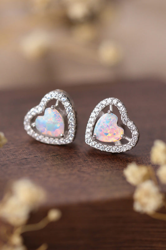 925 Sterling Silver Opal Heart Stud Earrings - Flyclothing LLC