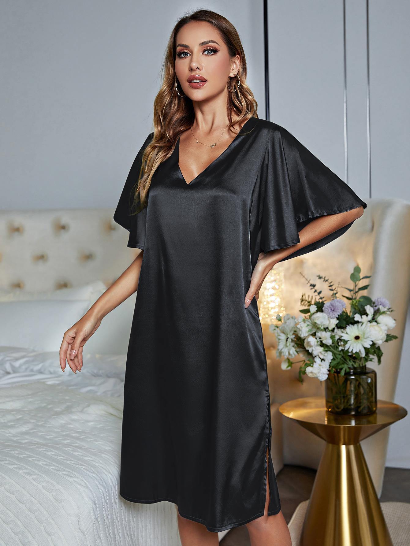 V-Neck Flutter Sleeve Night Dress - Flyclothing LLC