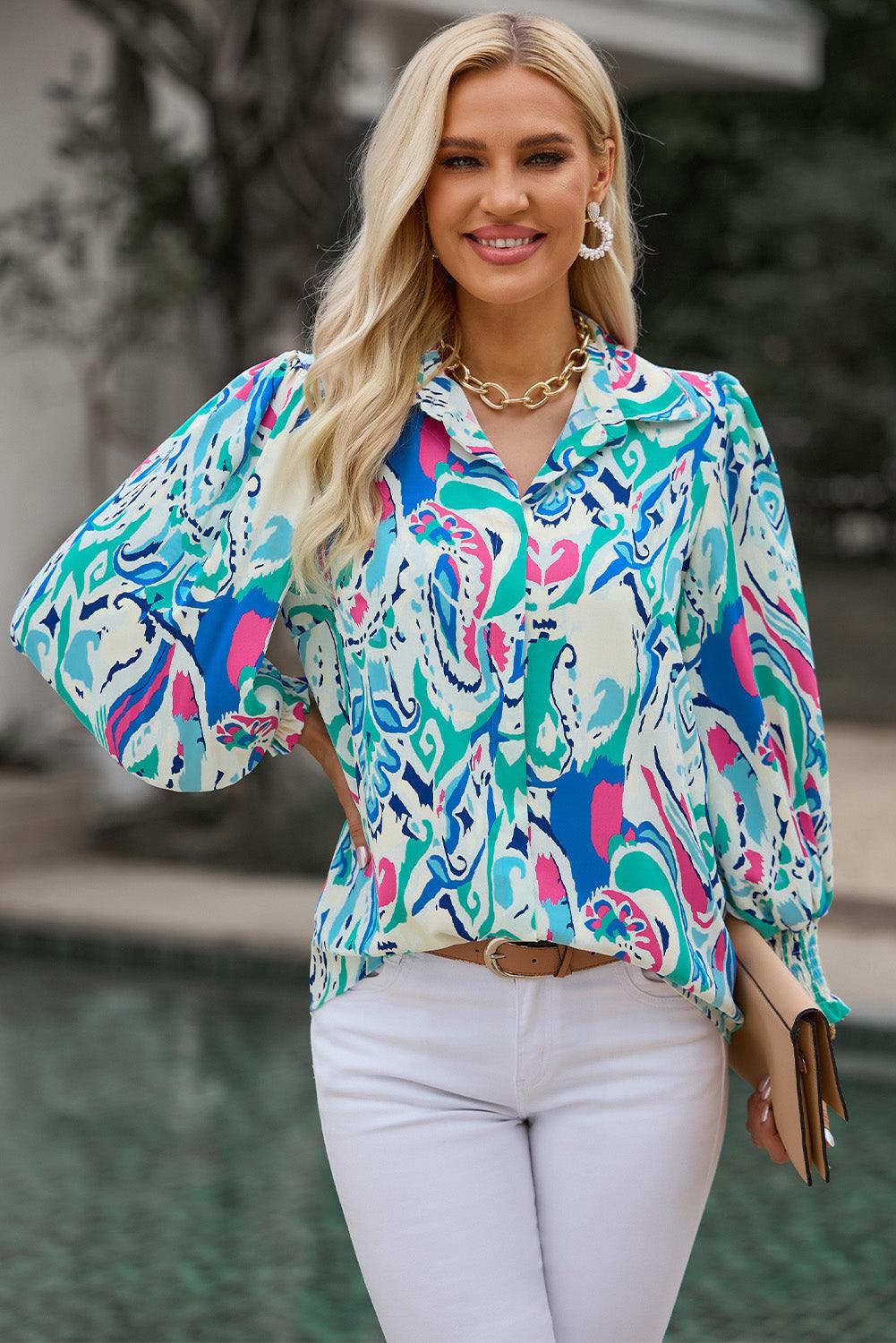 Printed Puff Sleeve Collared Blouse - Flyclothing LLC