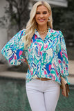 Printed Puff Sleeve Collared Blouse - Flyclothing LLC