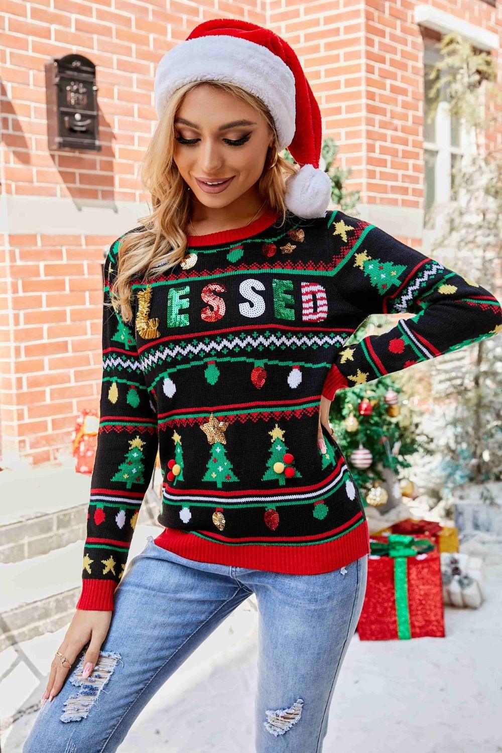 Christmas Print Sequin Round Neck Sweater - Trendsi