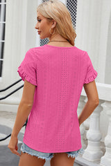 Eyelet Round Neck Petal Sleeve T-Shirt - Flyclothing LLC