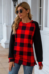 Plaid Round Neck Long Sleeve T-Shirt - Flyclothing LLC