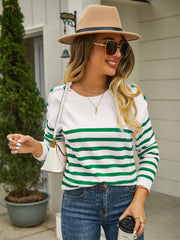 Round Neck Shoulder Button Striped Pullover Sweater - Flyclothing LLC