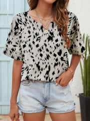 Printed Notched Neck Half Sleeve Blouse - Flyclothing LLC