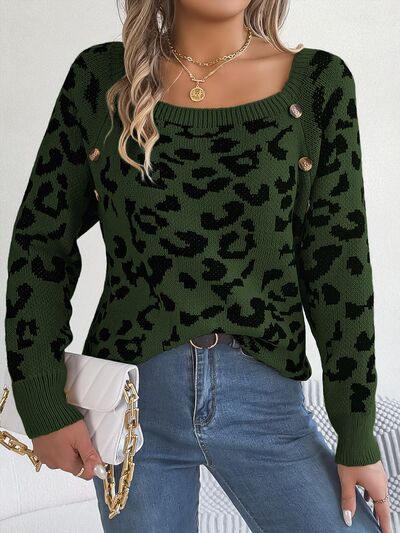 Leopard Buttoned Square Neck Sweater - Flyclothing LLC