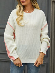 Contrast Round Neck Dropped Shoulder Sweater - Flyclothing LLC