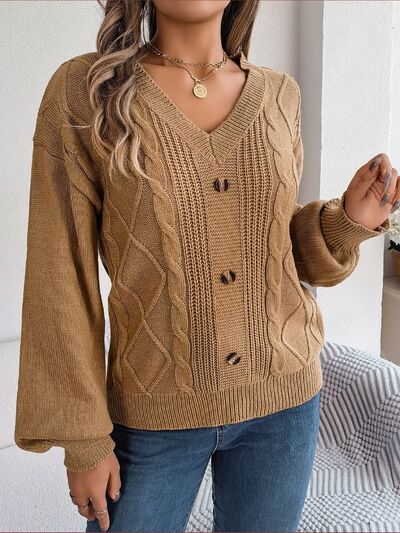 Cable-Knit Buttoned V-Neck Sweater - Flyclothing LLC