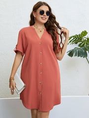 Plus Size Buttoned Notched Neck Shift Dress - Flyclothing LLC