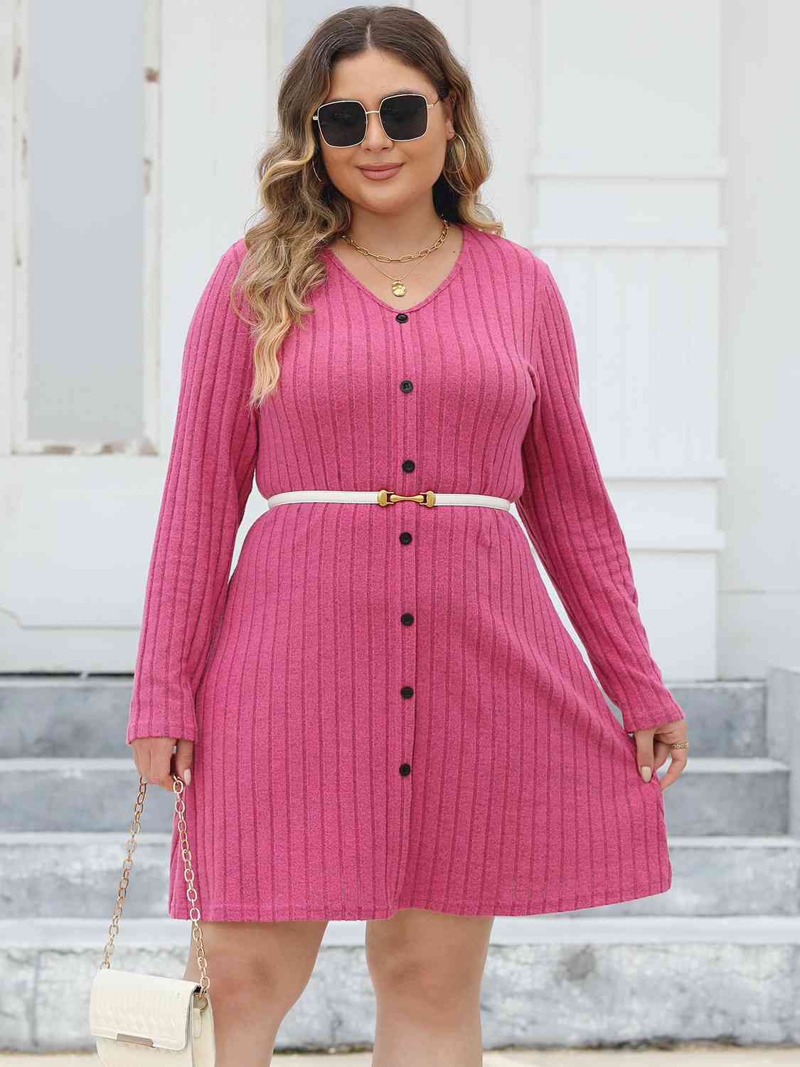 Plus Size Ribbed Buttoned V-Neck Long Sleeve Dress - Flyclothing LLC