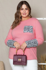 Plus Size Leopard Round Neck Long Sleeve T-Shirt - Flyclothing LLC