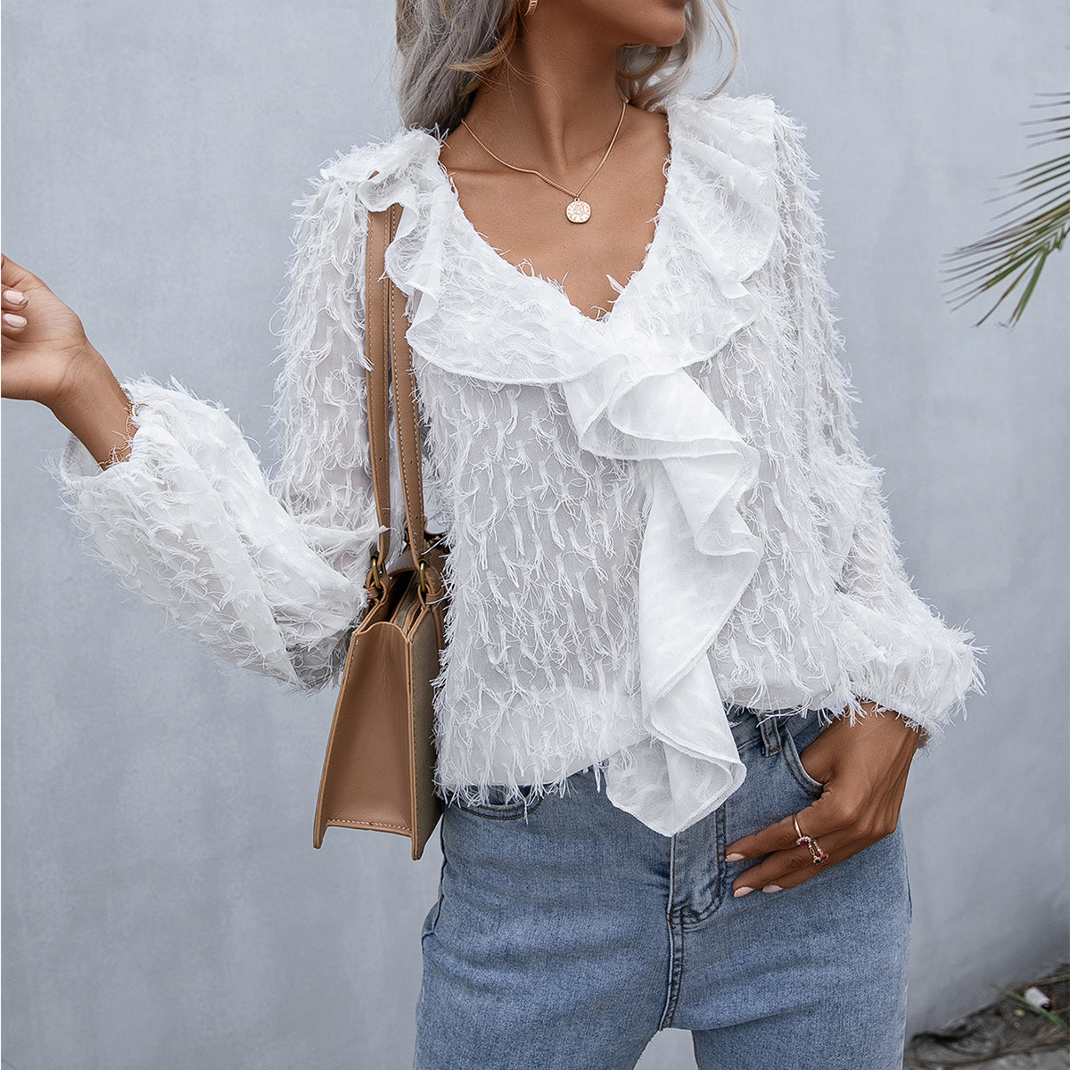 Ruffle Hem Fringe V-Neck Balloon Sleeve Blouse - Flyclothing LLC