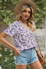 Floral V-Neck Short Sleeve T-Shirt - Flyclothing LLC