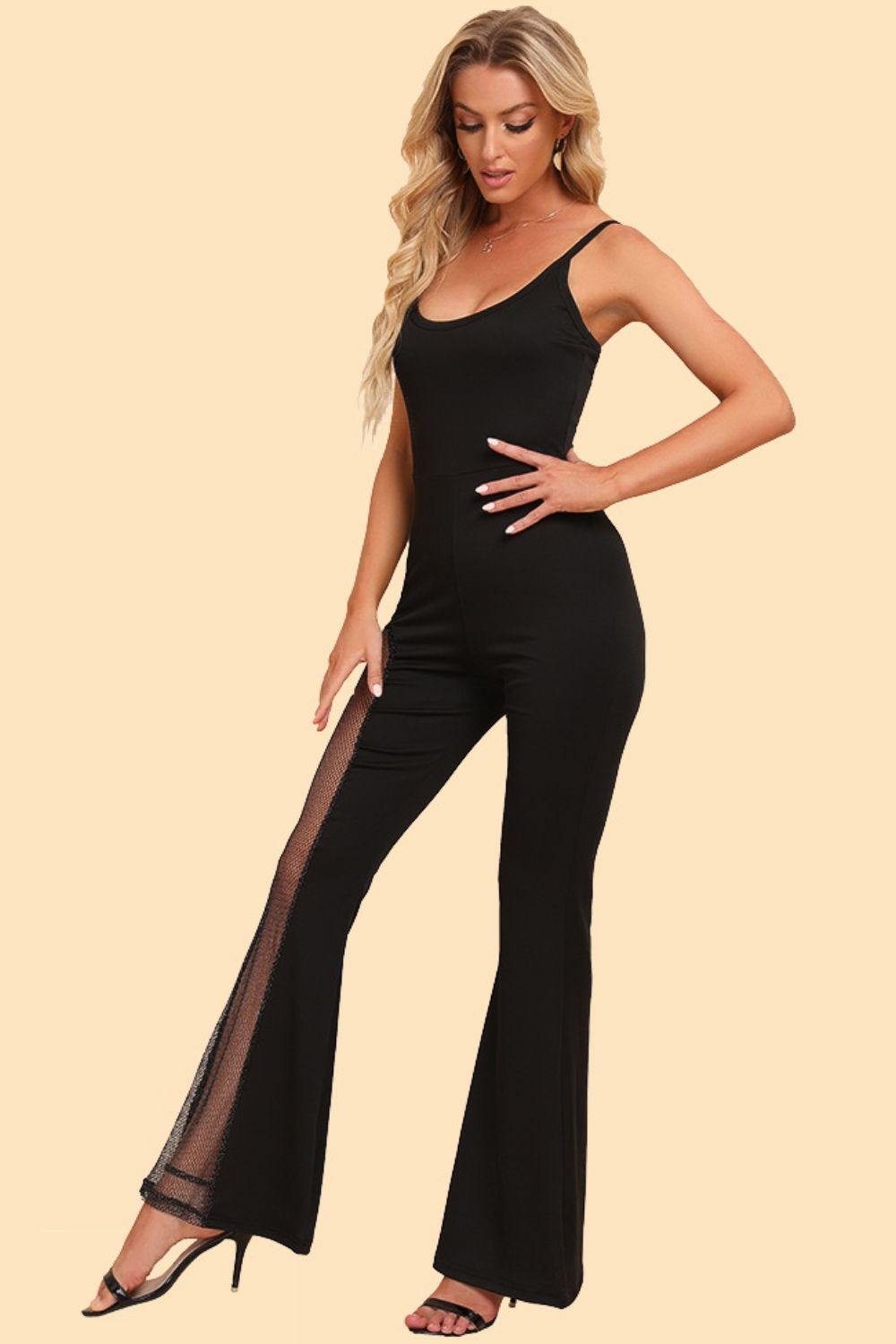 Spliced Mesh Spaghetti Strap Jumpsuit - Flyclothing LLC