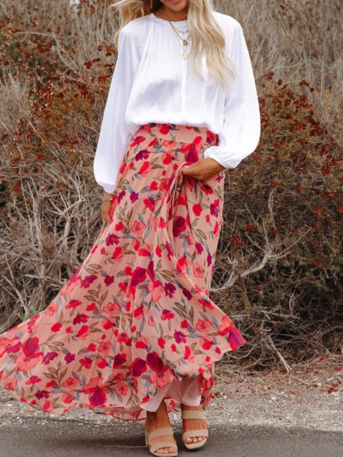 Printed Elastic Waist Pleated Maxi Skirt - Flyclothing LLC