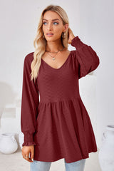 V-Neck Lantern Sleeve Blouse - Flyclothing LLC