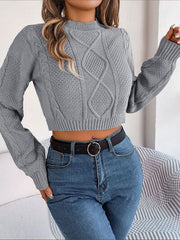 Cable-Knit Round Neck Cropped Sweater - Flyclothing LLC