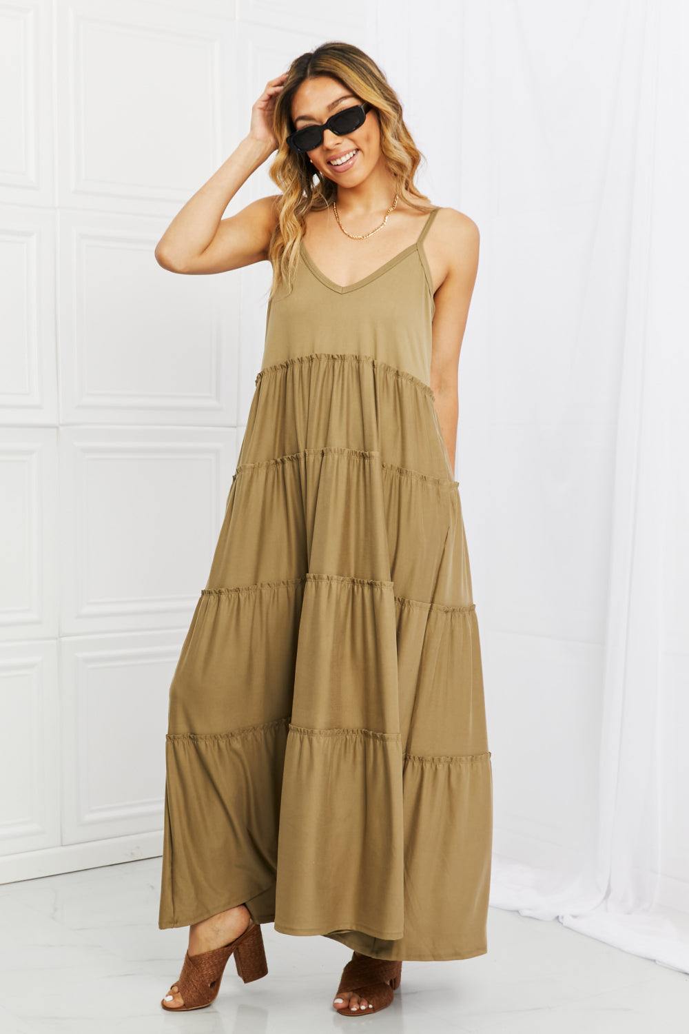 Zenana Full Size Spaghetti Strap Tiered Dress with Pockets in Khaki - Flyclothing LLC