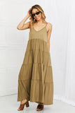 Zenana Full Size Spaghetti Strap Tiered Dress with Pockets in Khaki - Flyclothing LLC