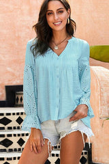 Crochet Flounce Sleeve Button Up Blouse - Flyclothing LLC