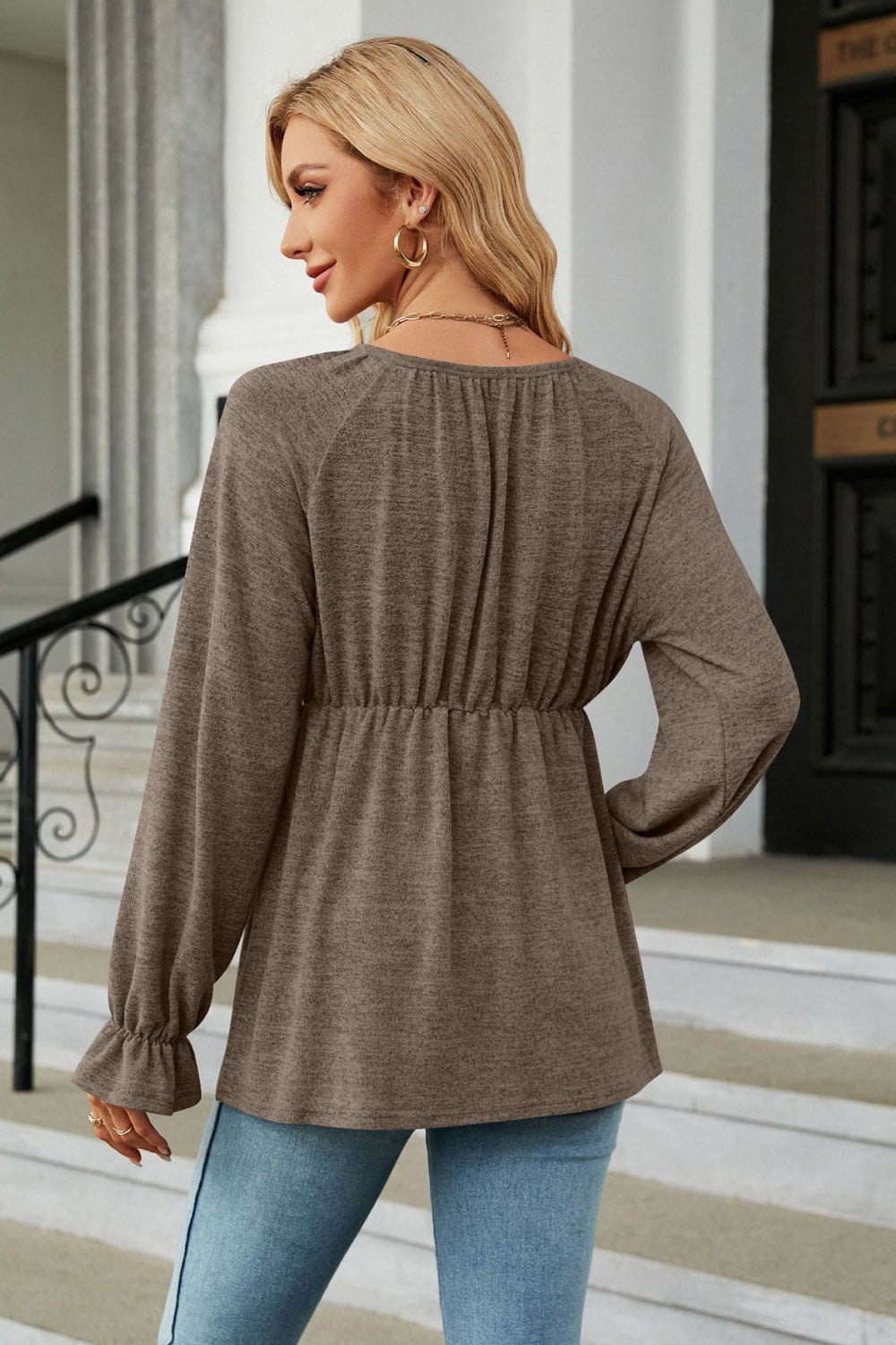 Round Neck Flounce Sleeve Blouse - Flyclothing LLC