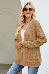 Open Front Raglan Sleeve Pocketed Cardigan - Flyclothing LLC