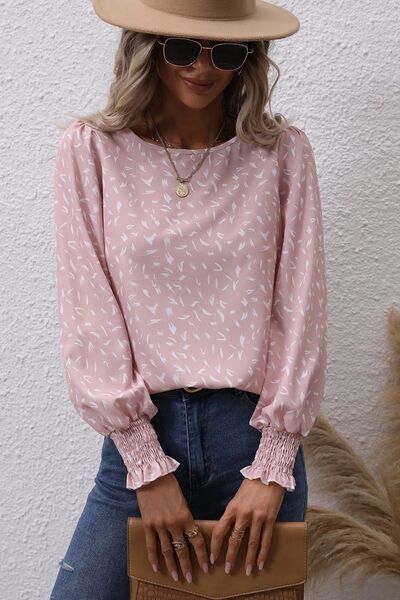 Printed Round Neck Lantern Sleeve Blouse - Flyclothing LLC