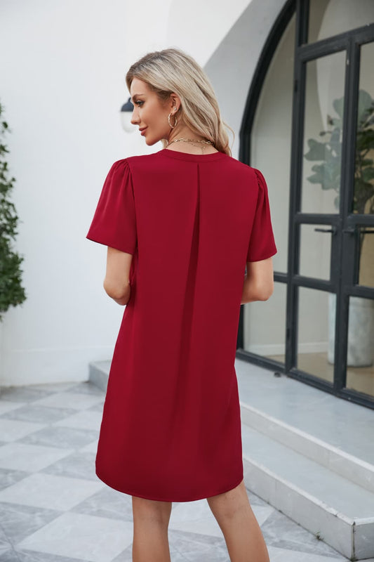 Notched Puff Sleeve Shift Dress - Flyclothing LLC