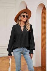 Notched Neck Flounce Sleeve Blouse - Flyclothing LLC