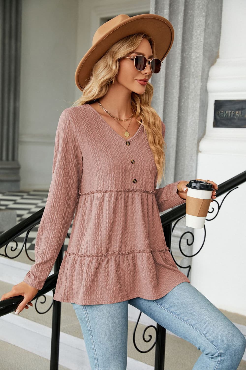 Long Sleeve V-Neck Cable-Knit Blouse - Flyclothing LLC