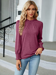 Round Neck Flounce Sleeve Blouse - Trendsi