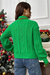 Cable-Knit Ruffled Mock Neck Lantern Sleeve Sweater - Trendsi