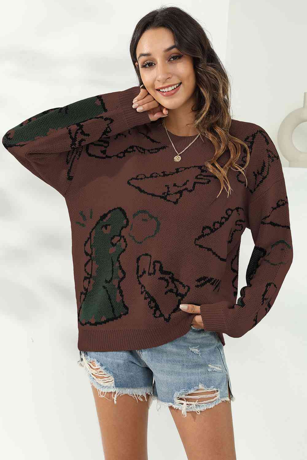 Dinosaur Print Pullover Sweater - Flyclothing LLC