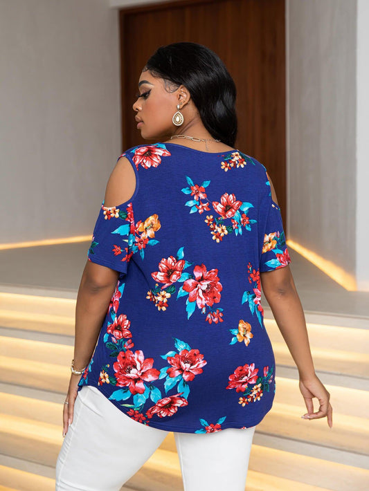 Plus Size Cold-Shoulder Round Neck Curved Hem Tee - Trendsi