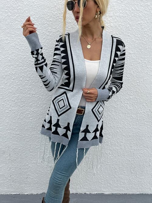 Geometric Fringe Hem Open Front Cardigan - Flyclothing LLC