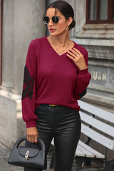 Ribbed Lace Detail V-Neck Sweater - Flyclothing LLC