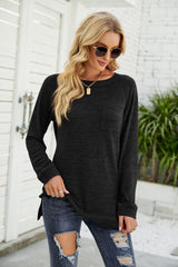 Heathered Slit Long Raglan Sleeve Top - Trendsi