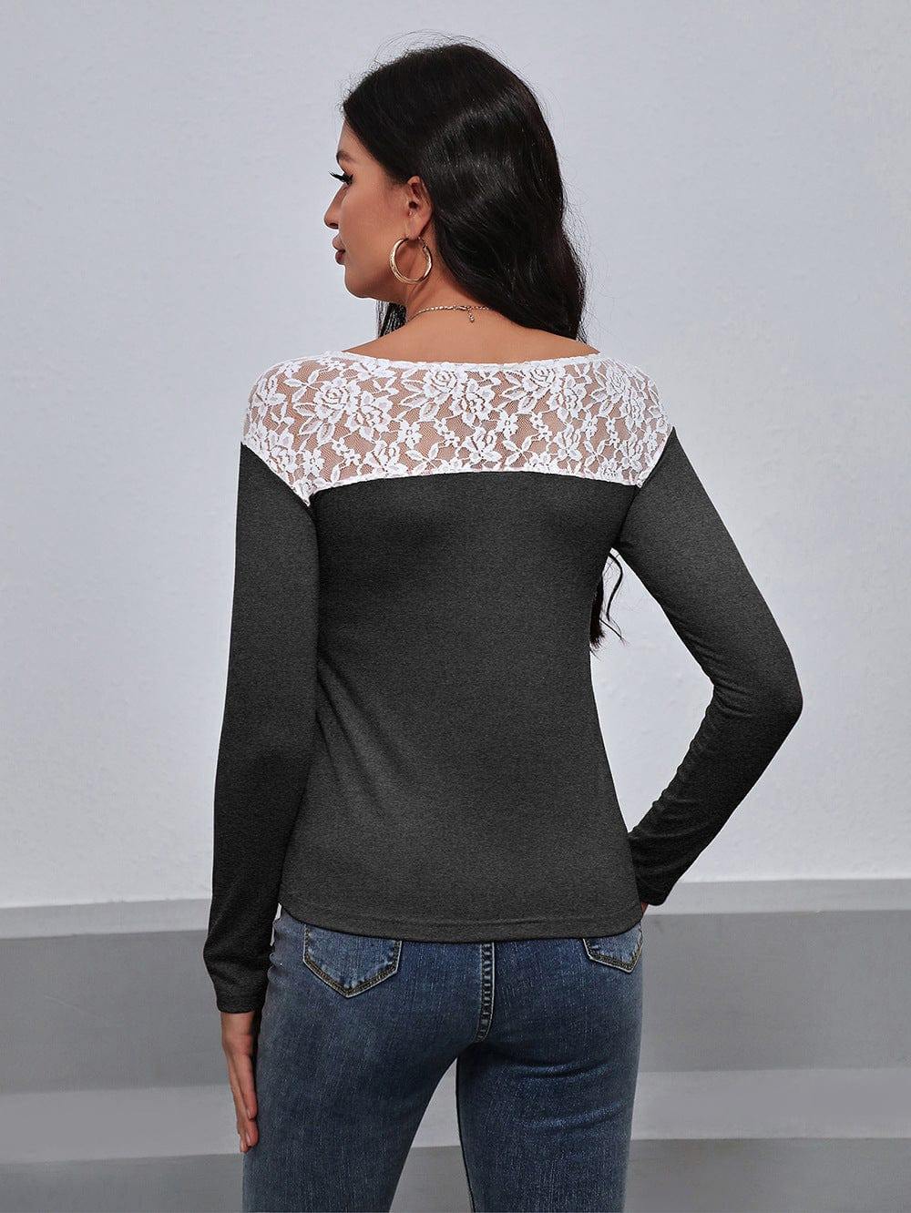 Lace Trim Long Sleeve Round Neck Tee - Trendsi