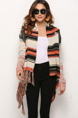 Striped Tassel Detail One-Button Cardigan - Flyclothing LLC