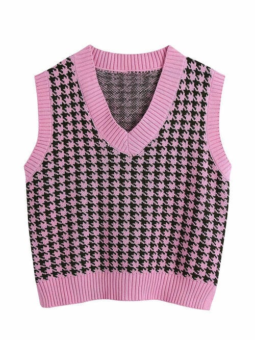 Houndstooth V-Neck Sweater Vet - Trendsi