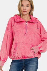 Zenana Drawstring Half Zip Dropped Shoulder Hoodie - Flyclothing LLC