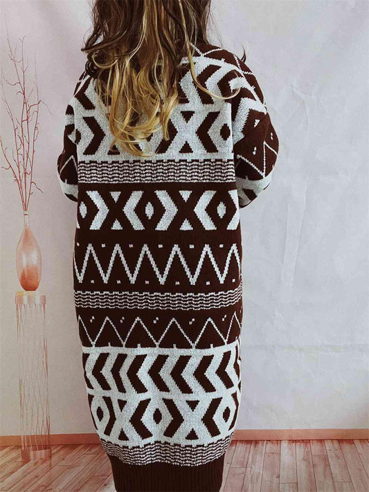 Geometric Button Front Longline Cardigan - Flyclothing LLC