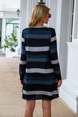 Striped Round Neck Long Sleeve Dress - Flyclothing LLC