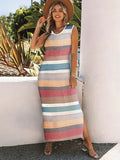 Slit Striped Round Neck Sleeveless Dress - Flyclothing LLC